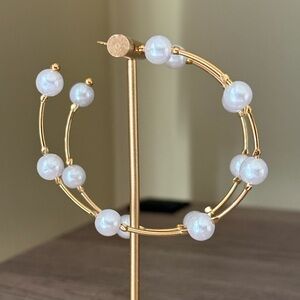 Gold Hoop Earrings with White Pearl Beads NEW